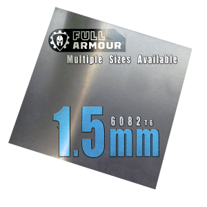 High-strength 6082-T6 aluminium metal sheet, supplied by Full Armour in a range of precut sizes.