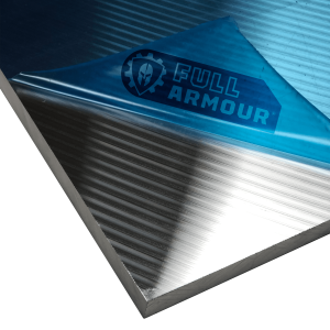 Square Grade 5080 P aluminium tooling plate with smooth sawn edges and a blue protective plastic coating on both surfaces.