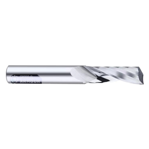 Single flute solid carbide end mill for aluminium and plastic milling with polished flute and h6 shank tolerance.