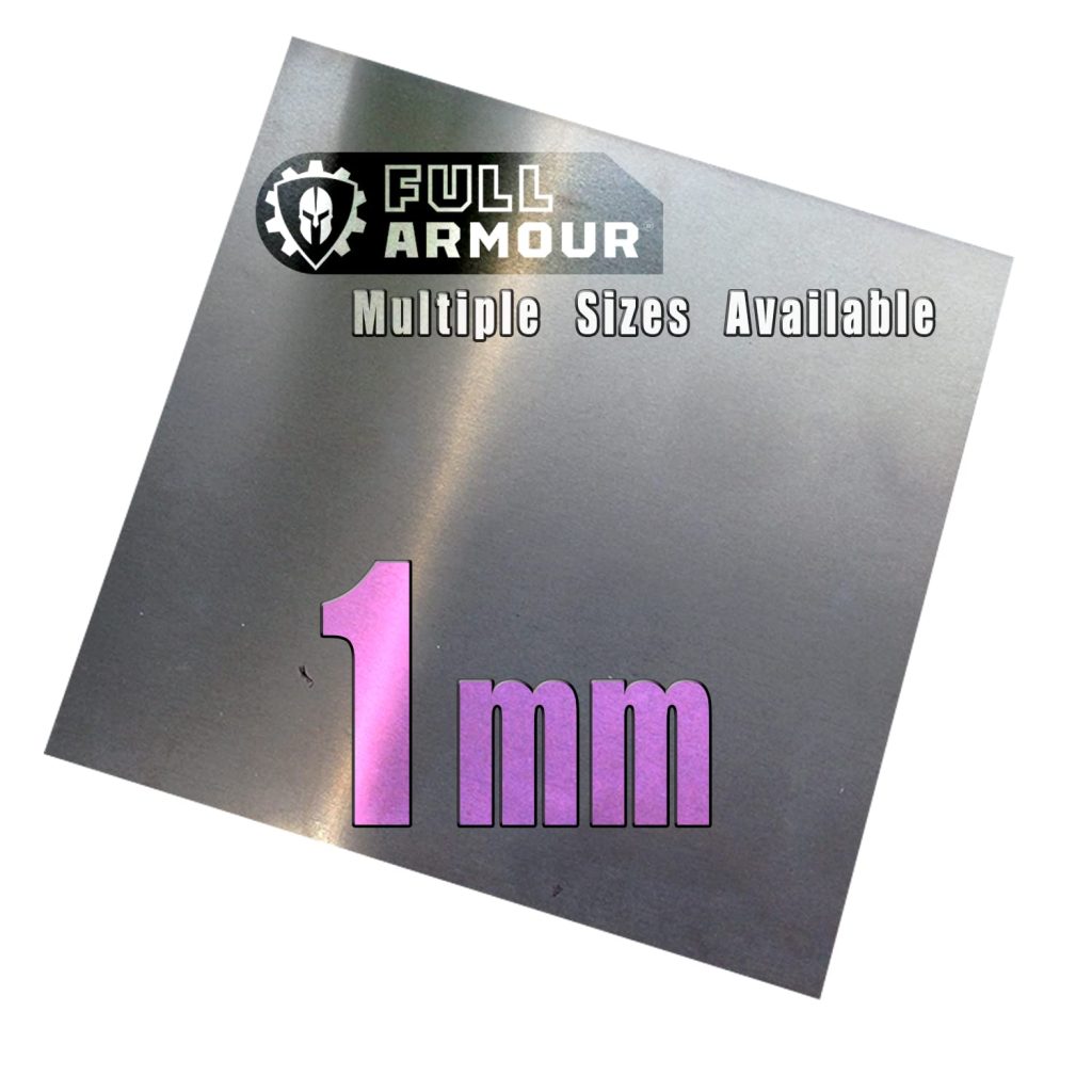 A 1mm thick square aluminium sheet with the Full Armour logo on a white background.